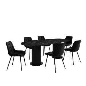Set masa Amara Slim Negru Marmorat cu 6 scaune Onix Negru